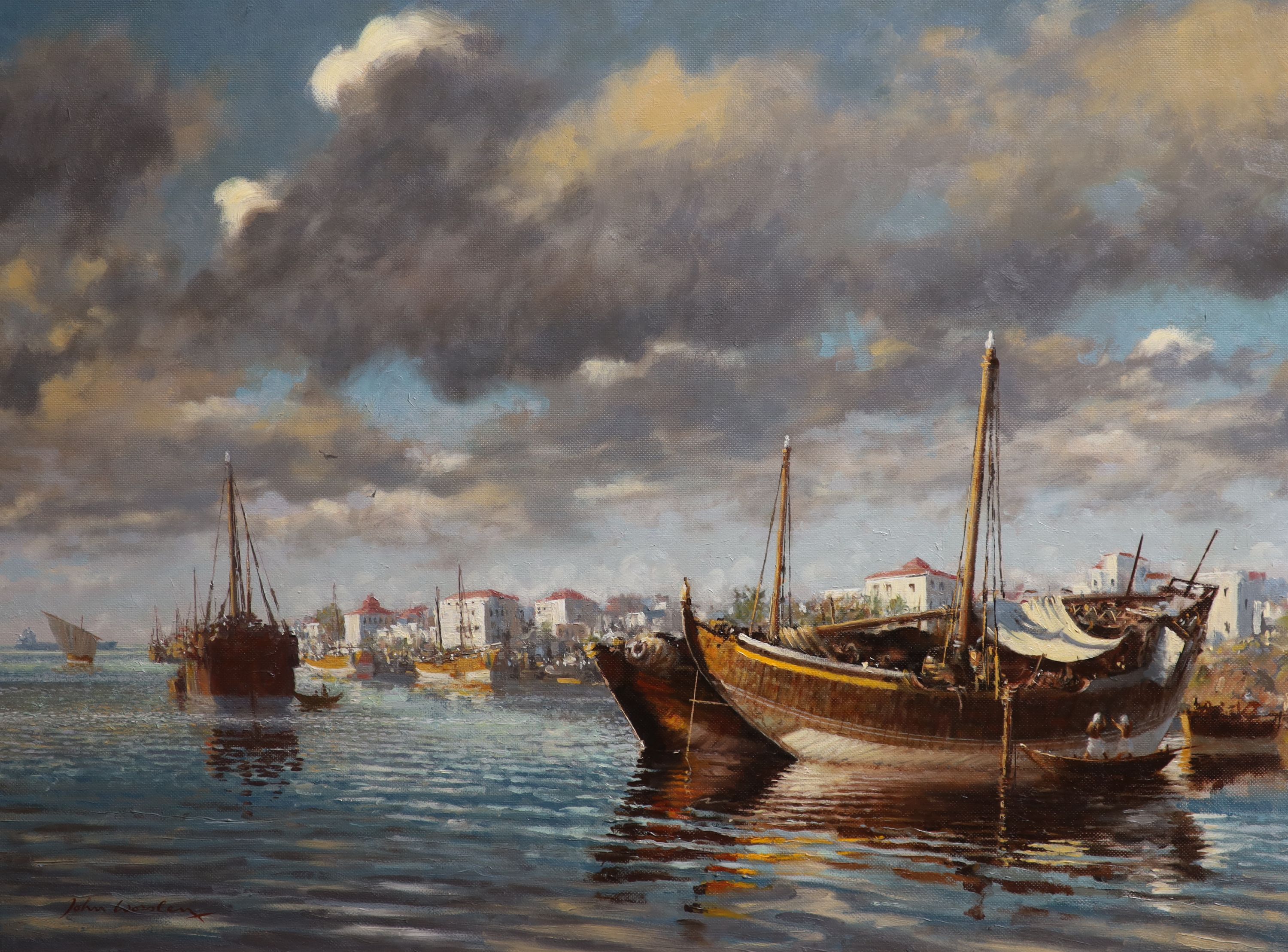 John Godfrey Barnard Worsley (1919-2000), Mombasa, Old Harbour, Oil on board, 75 x 100 cm.